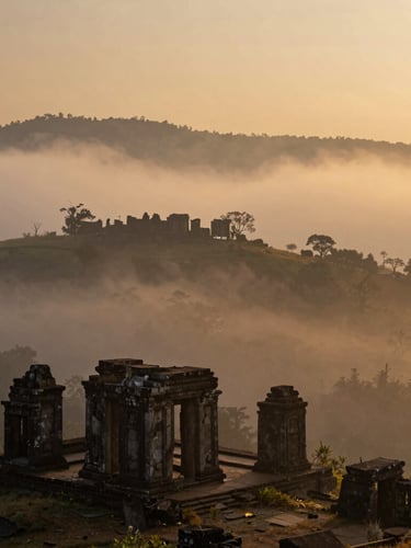 Extreme wide cinematic landscape of misty Sri Lankan highlands at golden hour, ancient stone ruins emerging from the fog, low-key dramatic lighting.