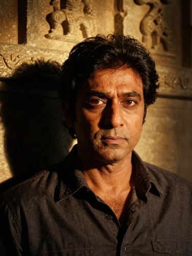 Cinematic portrait of a classic South Asian actor in deep shadow, warm golden light catching temple stone carvings in the background, dramatic chiaroscuro, 2.39:1 aspect ratio.