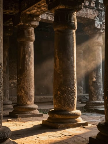 Chiaroscuro side-lit view of ancient stone pillars in Sri Lanka, golden hour light filtering through dust motes, deep shadows, cinematic 2.39:1 atmosphere