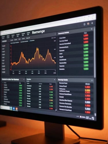 Tight macro shot of a sleek desktop monitor displaying real-time e-commerce revenue dashboards, high-contrast studio lighting with warm orange ambient accents.