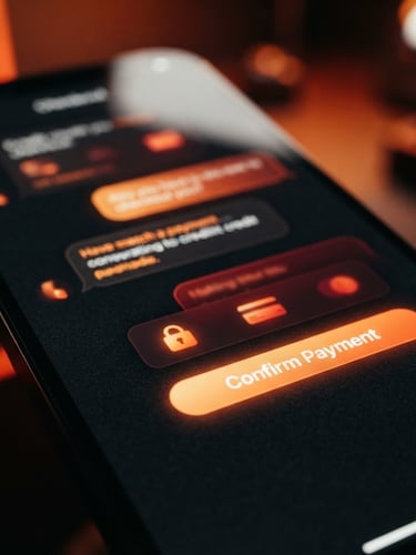 Tight macro shot of a smartphone screen displaying a sleek dark-mode conversational checkout interface with subtle orange ambient highlights, sharp focus, 35mm