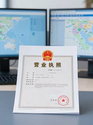 Straight-on shot of official state registry documents and business license on a clean corporate desk, maps data on a dual monitor blurred in background, crisp daylight, professional blue tones
