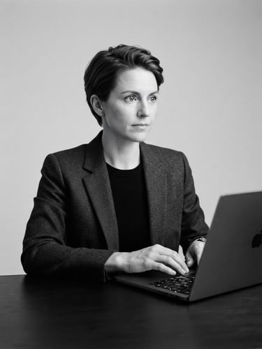 Minimalist black and white studio portrait of a technology consultant, clean background, soft lighting, professional editorial photography, 35mm lens