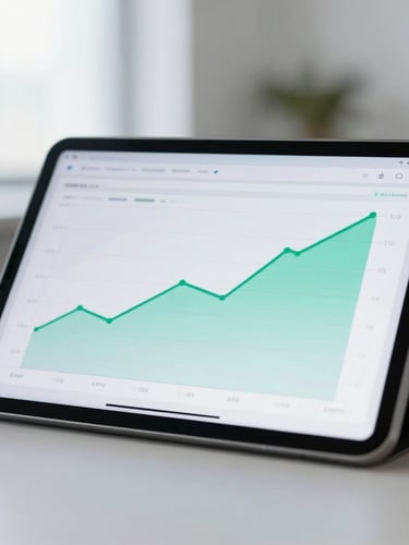 Macro shot of a clean modern tablet displaying an analytics dashboard with rising green charts, soft screen glow, minimalist office background