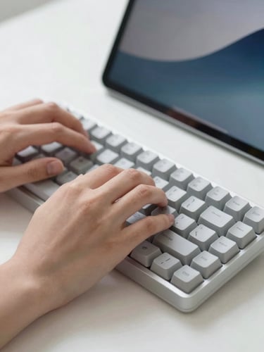 Close-up of hands typing on a mechanical keyboard, clean desk setup with a modern tablet, soft natural daylight, cool screen glow, minimalist tech aesthetic