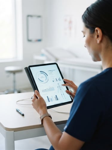 Over-the-shoulder view of a doctor reviewing a clean digital dashboard on a tablet in a bright clinic, cool screen glow, minimalist design, 35mm lens