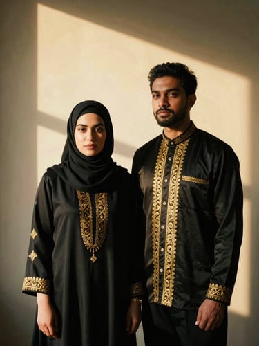 Elegant Muslim couple wearing coordinated premium outfits, minimalist luxury backdrop, soft dramatic lighting, 35mm