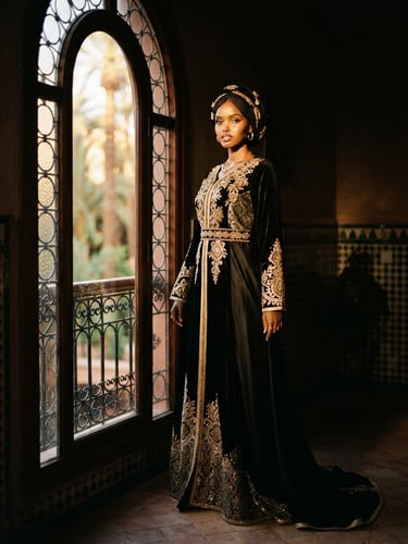 Editorial fashion photography of a model wearing a premium black gamis with golden-hour window lighting, rich black and gold tones, high contrast, 35mm