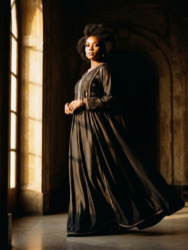 Editorial fashion photography of a model in a flowing black premium silk gamis, dramatic golden hour window light, rich black and gold tones, high contrast, 35mm