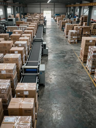 Panoramic overhead shot of a large-format warehouse operations floor — industrial sodium vapor lighting raking across rows of sealed export crates, optical sorting conveyor visible mid-frame left, wide negative space of concrete floor to the right showing infrastructure scale, no people visible