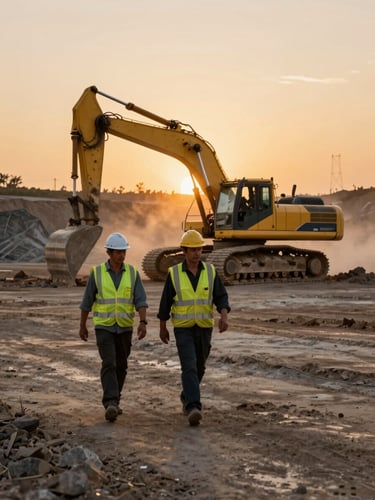 Wide shot from low angle — two workers in full safety gear, hard hats and hi-vis vests, walking purposefully across a large open-pit mining site at golden hour, heavy excavator silhouetted against warm amber sky in the background, dust visible in the air, conveying scale and operational seriousness