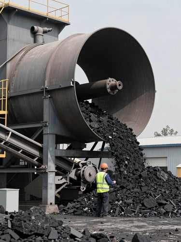 Close-up environmental frame of an ore processing facility — a large rotating drum mill under daylight, raw ore material visible, steel structure and conveyor belts in the mid-ground, a lone worker in orange hard hat and safety vest inspecting equipment in the foreground, industrial scale evident