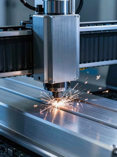 Hero portrait shot of a high-precision CNC router cutting through brushed aluminum, sparks flying, cool blue lighting highlighting metallic edges, crisp focus.