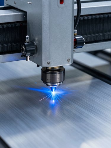 Close-up of a high-precision laser cutter emitting sharp blue sparks as it slices through a thick sheet of brushed aluminum, high-contrast cool lighting, industrial precision.