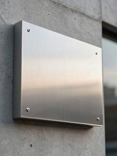 Close-up of high-precision installation of architectural retail signage, brushed aluminum panel being mounted on a clean concrete facade, cool morning light