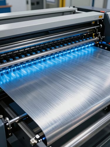 A massive industrial flatbed printer in operation, sharp technical cyan UV light curing ink on a brushed aluminum sheet, cool high-contrast lighting.