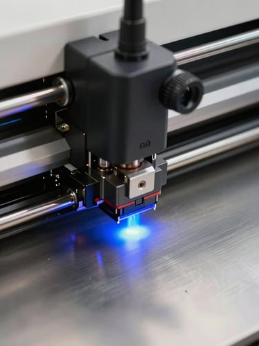 Close-up of a high-precision SwissQprint flatbed printer head curing ink with technical cyan UV light on a brushed metal substrate