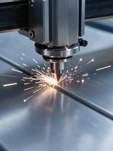 Extreme macro close-up of a high-precision CNC router cutting clean edges into a thick brushed aluminum sheet, bright sparks flying, cool blue technical lighting highlighting metallic textures.