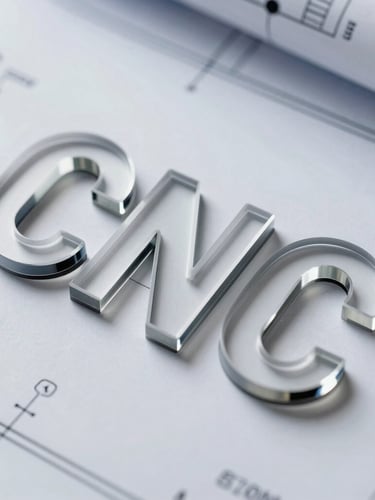 Macro detail shot of CNC routed acrylic letters with polished edges, resting on a clean engineering blueprint.
