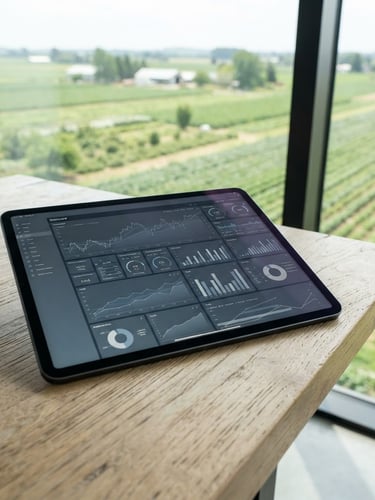 Close-up of a modern tablet displaying a financial dashboard on a clean wooden table, bright natural daylight, agricultural fields visible through a large window in the background, cool slate gray tones.