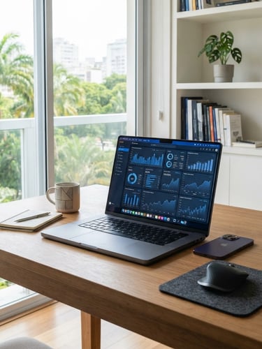 A modern, bright Brazilian home office with a clean wooden desk, a laptop displaying a financial dashboard with blue charts, a smartphone nearby, natural daylight streaming in