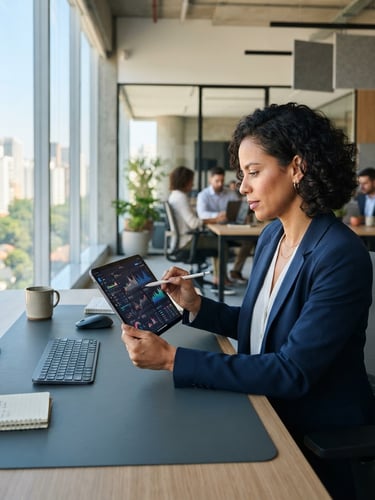 Clean corporate office in Brazil with bright natural daylight, slate gray tones, a professional tablet showing financial dashboards, sharp focus