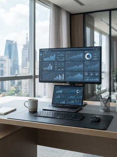 Modern workspace in Brazil, clean desk with digital devices showing financial dashboards, bright natural daylight, cool blue and slate gray tones, sharp focus, professional editorial.