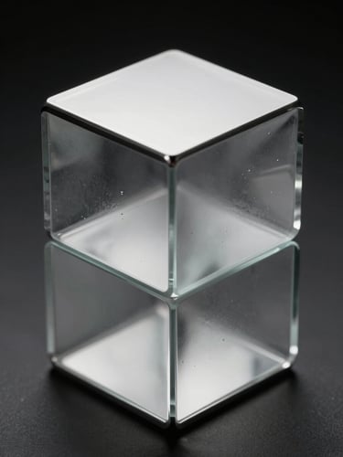 Macro close-up of an abstract 3D geometric structure crafted from polished chrome and frosted glass. High-contrast studio key light casting sharp, cold reflections with zero warm tones. Absolute monochrome rendering against a pure dark background.