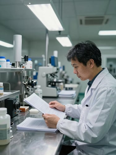 Wide environmental shot of a pharmaceutical production technician at a stainless steel workstation, reviewing batch documentation under clinical overhead lighting, manufacturing floor visible in background, documentary framing, cool neutral tones, no direct eye contact
