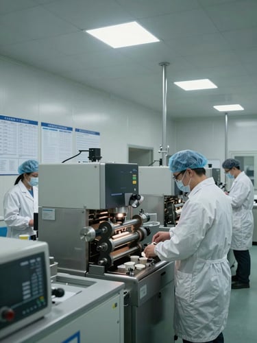 Panoramic view of a GMP pharmaceutical manufacturing floor, operators in cleanroom attire monitoring tablet compression equipment, clinical overhead lighting, supply chain documentation visible on wall panels, wide environmental documentary framing, cool neutral tones, no posed smiling