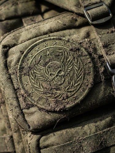 Tactical product photography, macro shot of an olive green embroidered military patch attached to a rugged Cordura backpack, hard dramatic side lighting, mud splashes, 35mm