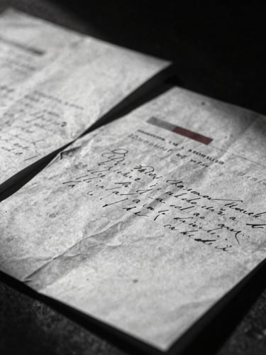 A close-up of weathered historical documents and handwritten letters with redacted lines, harsh low-key dramatic lighting, high contrast black and white, 35mm grain.