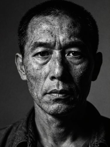 High-contrast black and white documentary portrait of an intense, weathered face in deep chiaroscuro shadow, looking directly forward with absolute conviction, cinematic grain, 35mm.