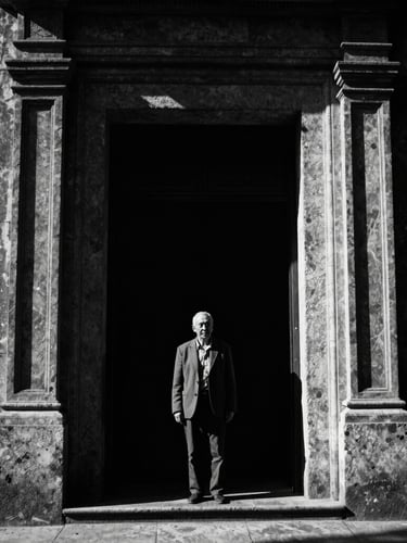 A high-contrast black and white photograph of a solitary figure standing at a massive stone doorway, dramatic single-source chiaroscuro lighting, deep shadows, cinematic grain.