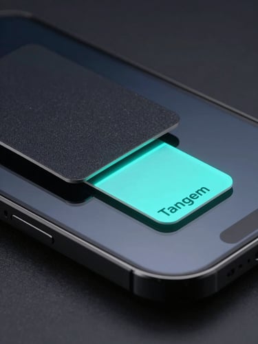 Macro close-up of Tangem card touching modern smartphone screen, neon cyan light reflecting off the glass, high-contrast dark studio lighting