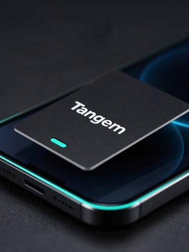 Sleek black Tangem card hovering over a modern dark smartphone screen, neon cyan rim lighting, macro lens, sharp focus on the NFC contact point, dark studio background