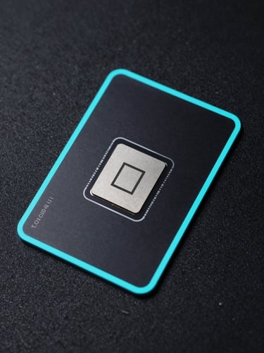 Overhead flatlay of the obsidian Tangem card packaging, sleek metallic microchip details highlighted by sharp cyan neon rim lighting, dark studio background