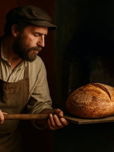 A rustic baker pulling a fresh, steaming loaf of sourdough from a stone oven, golden crust, moody lighting, 35mm film