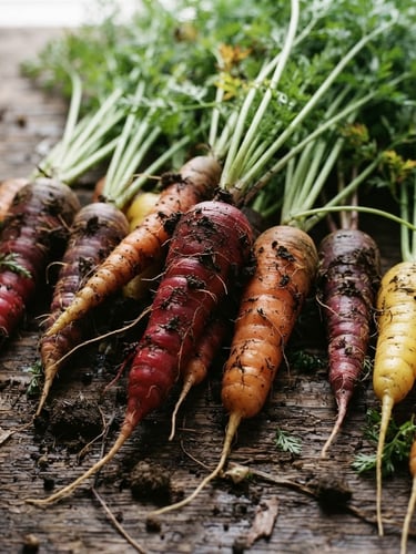 A close-up of freshly harvested heirloom carrots with damp soil on their roots, resting on a rustic wooden table in soft, natural morning daylight, 35mm film style.