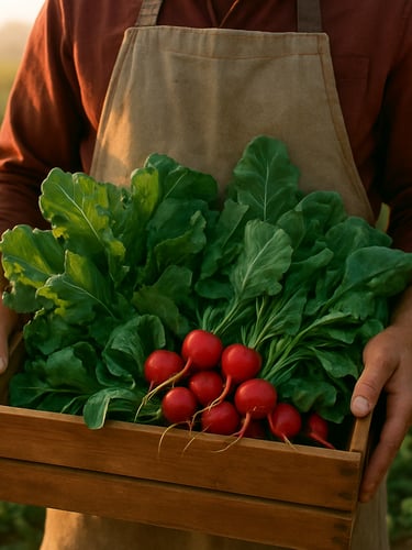 A farmer in a canvas apron gently holding a wooden crate filled with leafy greens and bright red radishes, standing in a sun-drenched field at dawn, soft shadows.