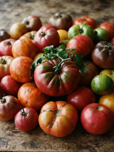 Warm editorial close-up of fresh, raw heritage tomatoes on a rustic wooden table, soft natural north-facing daylight with rich shadows, 35mm film