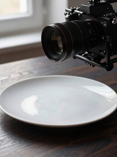A close-up, high-contrast shot of a professional camera rig focused on a minimalist Scandinavian food plate, soft natural window light casting gentle shadows on a dark oak table, clean composition.