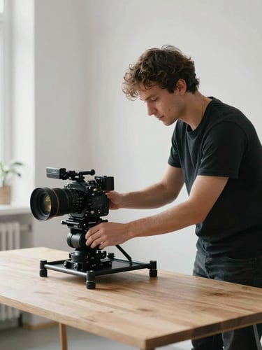 Candid behind-the-scenes shot of a professional creative director adjusting a camera rig over a minimalist wooden table, soft natural daylight, clean Scandinavian aesthetic, professional camera gear visible.