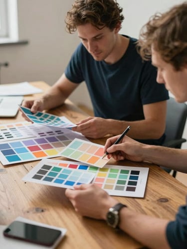 Candid behind-the-scenes shot of two creative directors reviewing physical mood boards on a wooden table, holding color swatches, soft natural light.