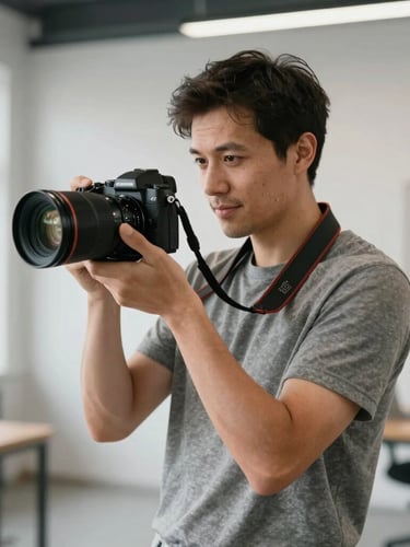 Candid portrait of a creative director holding a high-end camera, standing in a brightly lit modern studio, soft side lighting.