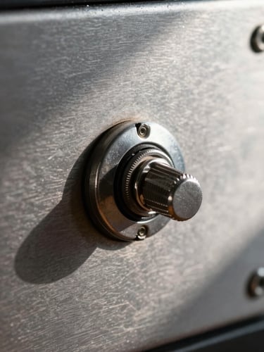 Extreme close-up of a heavy metal toggle switch on a brushed steel appliance, hard side-lighting, dramatic shadows, industrial machine detail, 50mm