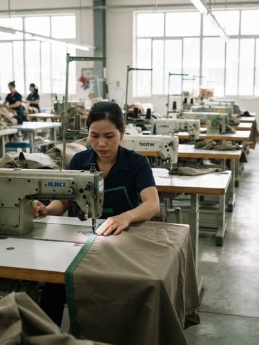 Industrial sewing machines aligned on a clean factory floor, bright natural daylight streaming through large windows, sharp focus on textile details, 35mm lens