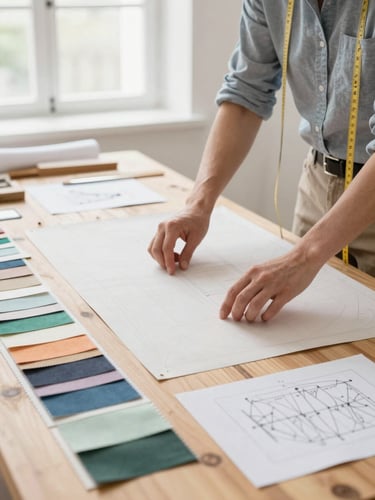 A professional designer adjusting a garment pattern on a wooden table, fabric swatches and technical sketches visible, bright natural daylight.