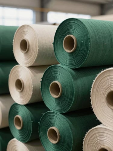 Close-up of organic fabric rolls in deep green and natural tones, stacked neatly in a bright warehouse, clean industrial aesthetic, 35mm lens