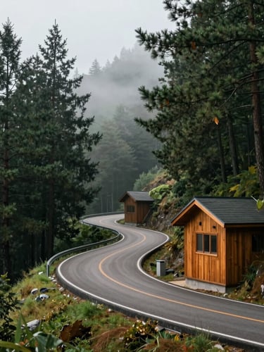 Winding mountain road through misty pine forest in Walim, soft overcast daylight, cinematic atmosphere
